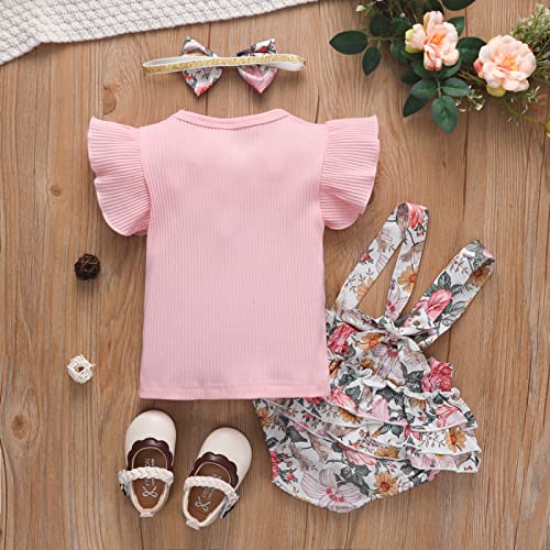 AIOIDI Conjunto Ropa Bebe Niña Recien Nacido Verano Floral Falda de Tirantes+Manga Corta Volantes Mameluco+Diademas con lazo 3 piezas,Rosa 1,3-6meses