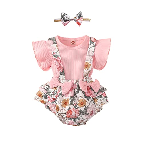 AIOIDI Conjunto Ropa Bebe Niña Recien Nacido Verano Floral Falda de Tirantes+Manga Corta Volantes Mameluco+Diademas con lazo 3 piezas,Rosa 1,3-6meses