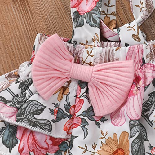 AIOIDI Conjunto Ropa Bebe Niña Recien Nacido Verano Floral Falda de Tirantes+Manga Corta Volantes Mameluco+Diademas con lazo 3 piezas,Rosa 1,3-6meses