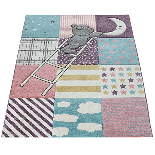 Alfombra Infantil Habitación Infantil 3D Adorable Patchwork Oso Luna Estrellas Escalera Rosa, tamaño:120x170 cm