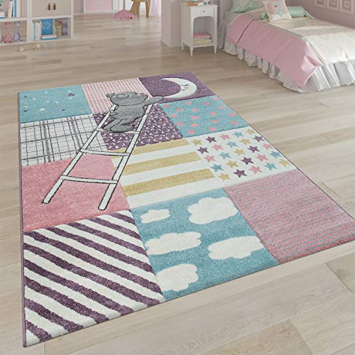 Alfombra Infantil Habitación Infantil 3D Adorable Patchwork Oso Luna Estrellas Escalera Rosa, tamaño:120x170 cm