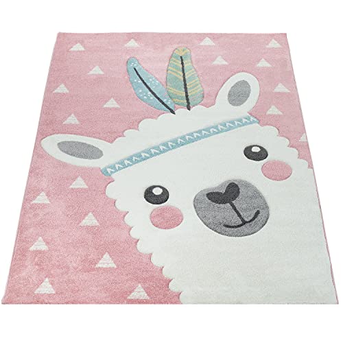 Alfombra Infantil Habitación Infantil Efecto 3D Diseño Adorable Alpaca Tonos Pastel Rosa, tamaño:120x170 cm