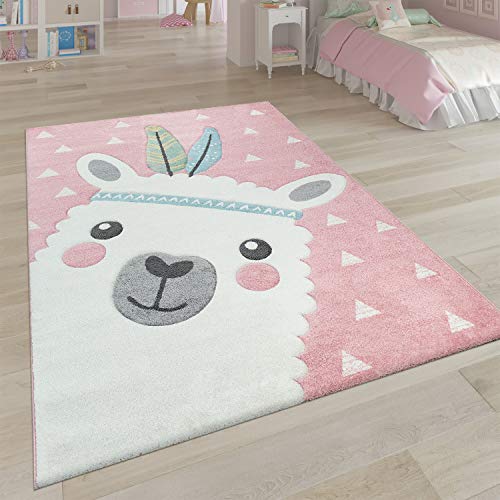 Alfombra Infantil Habitación Infantil Efecto 3D Diseño Adorable Alpaca Tonos Pastel Rosa, tamaño:120x170 cm