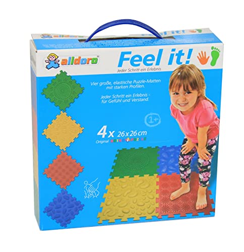 alldoro Feel it! 67008 - Juego de 4 Alfombrillas Puzzle en 4 Colores, ortopédicas para niños con Estructura, Superficie 3D, Alfombrilla sensorial, para niños a Partir de 12 Meses, Multicolor