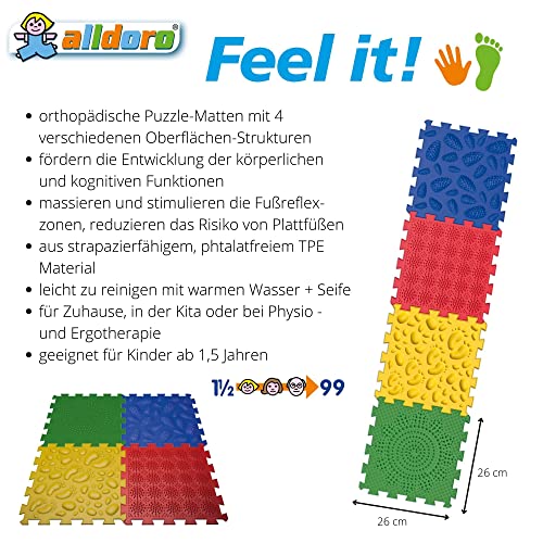 alldoro Feel it! 67008 - Juego de 4 Alfombrillas Puzzle en 4 Colores, ortopédicas para niños con Estructura, Superficie 3D, Alfombrilla sensorial, para niños a Partir de 12 Meses, Multicolor