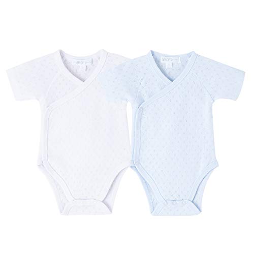 AMOMI Body Bebé Niño Niña Ropa Bebe Body Cruzado Primera Puesta Canastilla Para Recién Nacido Pack de 2 Pcs Colores Lisos para personalizar 0-3 Meses 100% Algodón (Azul-blanco, BBV72030-3 Meses)