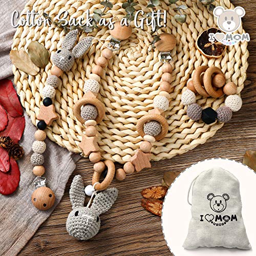 ARTESTAR Cadena Cochecito Conejos Regalo Bebe，Lindo Cadena Chupete Mordedor Madera，Cadena Para Cochecito Pinza Chupetero Los Juguetes De Los Niños 3 Piezas (gris)