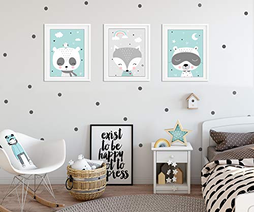 artpin® Juego de 3 pósteres para habitación de niños - Decoración para Dormitorio - Estilo escandinavo, A4 imágenes para niña niño