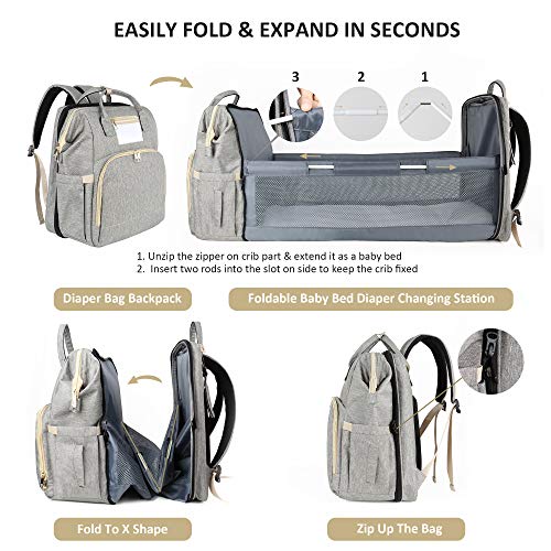 ASHARE Mochila para pañales con cambiador de maternidad, mochila de viaje con correa para cochecito, color gris