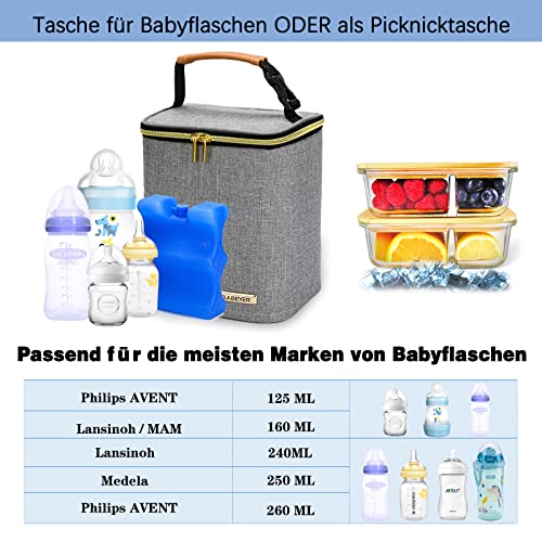 BABEYER Bolsa isotérmica para leche materna, con bolsa de hielo para 4 botellas de hasta 270 ml, perfecta para el cuidado de día, viajes, madres lactantes., gris