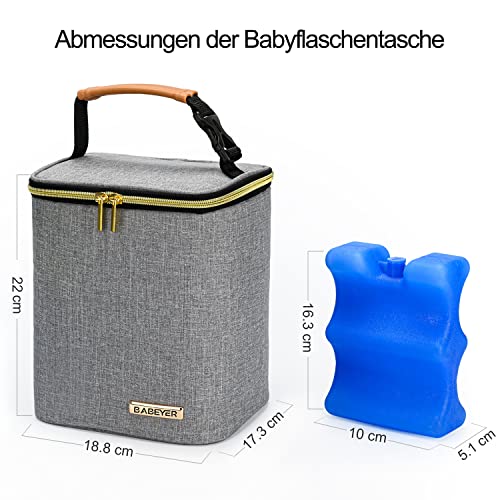 BABEYER Bolsa isotérmica para leche materna, con bolsa de hielo para 4 botellas de hasta 270 ml, perfecta para el cuidado de día, viajes, madres lactantes., gris