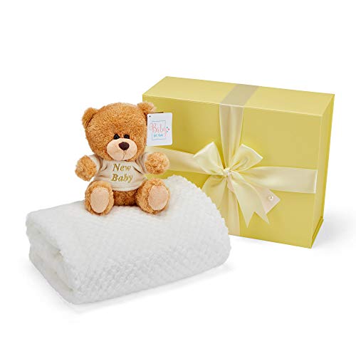 Baby Box Shop - Cesta regalo bebe - Regalos originales para baby shower con esenciales para bebes recien nacidos que incluye oso de peluche y caja recuerdos color limón…