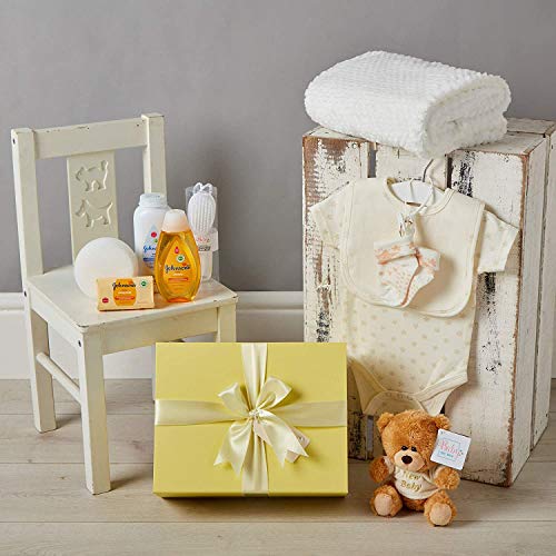 Baby Box Shop - Cesta regalo bebe - Regalos originales para baby shower con esenciales para bebes recien nacidos que incluye oso de peluche y caja recuerdos color limón…