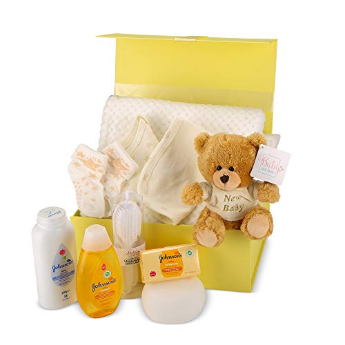 Baby Box Shop - Cesta regalo bebe - Regalos originales para baby shower con esenciales para bebes recien nacidos que incluye oso de peluche y caja recuerdos color limón…