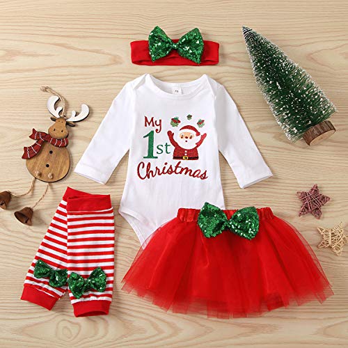 Baby Girl My First Christmas Conjunto de Ropa Rompers + Bow Shorts 4PC Trajes navideños para recién Nacidos