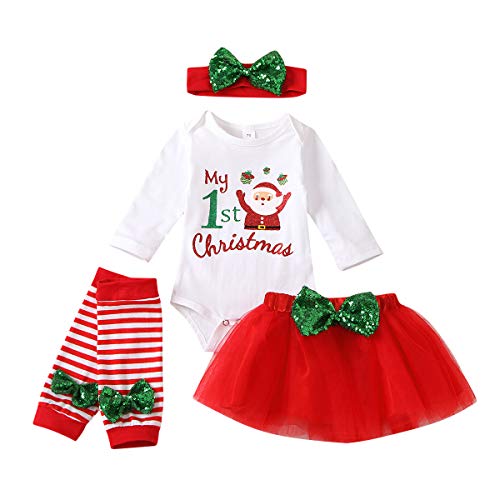 Baby Girl My First Christmas Conjunto de Ropa Rompers + Bow Shorts 4PC Trajes navideños para recién Nacidos