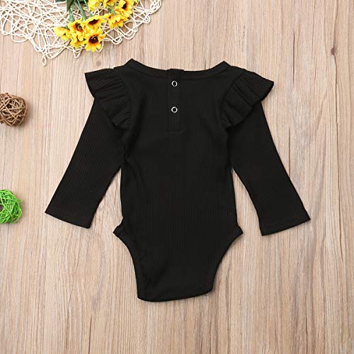 Baby Unisex Romper Body Bebé Recién Nacido Mameluco de Manga Larga para Niño Niña Pequeños 0-2 Años Mono de Algodón de Color Sólido Ropa de Una Pieza con Volantes y Botones (Negro, 18-24 Meses)