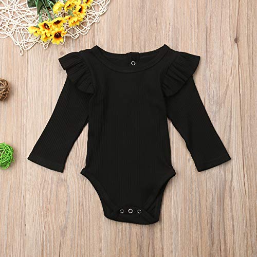 Baby Unisex Romper Body Bebé Recién Nacido Mameluco de Manga Larga para Niño Niña Pequeños 0-2 Años Mono de Algodón de Color Sólido Ropa de Una Pieza con Volantes y Botones (Negro, 18-24 Meses)