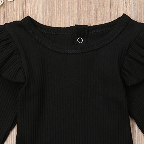 Baby Unisex Romper Body Bebé Recién Nacido Mameluco de Manga Larga para Niño Niña Pequeños 0-2 Años Mono de Algodón de Color Sólido Ropa de Una Pieza con Volantes y Botones (Negro, 18-24 Meses)