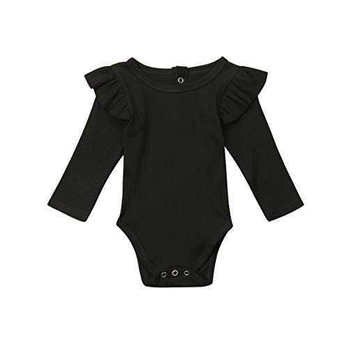 Baby Unisex Romper Body Bebé Recién Nacido Mameluco de Manga Larga para Niño Niña Pequeños 0-2 Años Mono de Algodón de Color Sólido Ropa de Una Pieza con Volantes y Botones (Negro, 18-24 Meses)