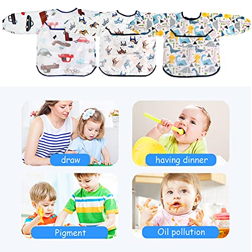 Ballery Baberos con Mangas Bebe, 3 Piezas Babero Manga Larga Baberos Bebe Impermeables Baberos con Goma en el Cuello Babis para Niños con Bolsillo Delantero por 6-36 Meses Niños Comiendo y Jugando