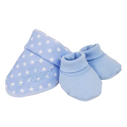 Bandeja de regalos Personalizada para bebé - Baby Shower Deluxe - Set de Baño para recién nacido con Pijama de primera puesta - Capa de baño y babero personalizados - Regalos para Bebé. (Azul)