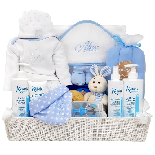 Bandeja de regalos Personalizada para bebé - Baby Shower Deluxe - Set de Baño para recién nacido con Pijama de primera puesta - Capa de baño y babero personalizados - Regalos para Bebé. (Azul)