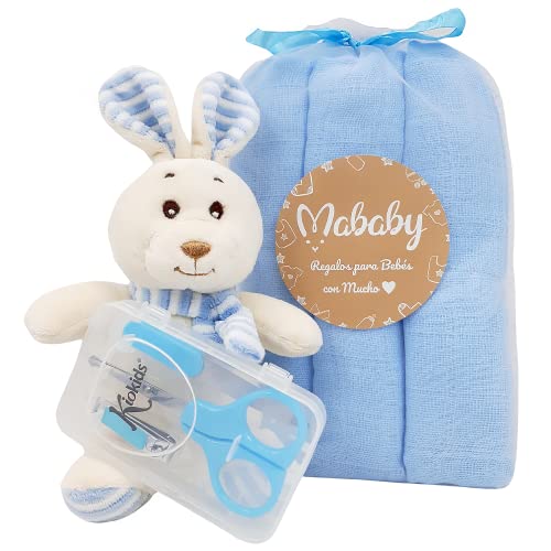 Bandeja de regalos Personalizada para bebé - Baby Shower Deluxe - Set de Baño para recién nacido con Pijama de primera puesta - Capa de baño y babero personalizados - Regalos para Bebé. (Azul)