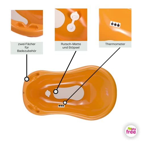 Bañera para bebés de hasta 12 meses - con tapón, termómetro, alfombrilla antideslizante - de plástico sin BPA, Longitud: 84 cm, Color: naranja, Motivo:Fox, Marca:Hylat Baby