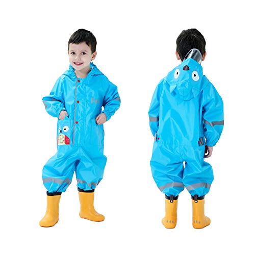 Baogaier Impermeables para Bebé Niñas Niños Chubasqueros Chaquetas Capa de Lluvia Encapuchado Mono de Bolsillo Azul Mono Reflectante Abrigos Impermeables Unisex 1-2 años - Azul