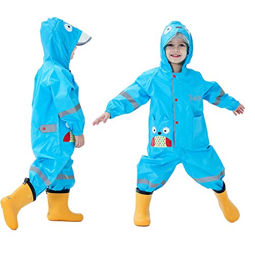 Baogaier Impermeables para Bebé Niñas Niños Chubasqueros Chaquetas Capa de Lluvia Encapuchado Mono de Bolsillo Azul Mono Reflectante Abrigos Impermeables Unisex 1-2 años - Azul