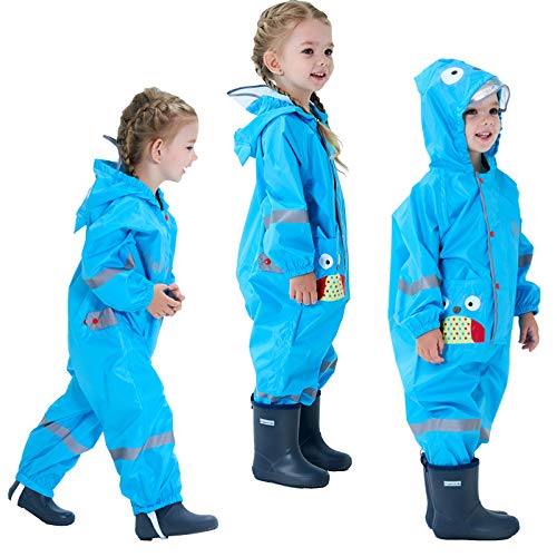 Baogaier Impermeables para Bebé Niñas Niños Chubasqueros Chaquetas Capa de Lluvia Encapuchado Mono de Bolsillo Azul Mono Reflectante Abrigos Impermeables Unisex 1-2 años - Azul