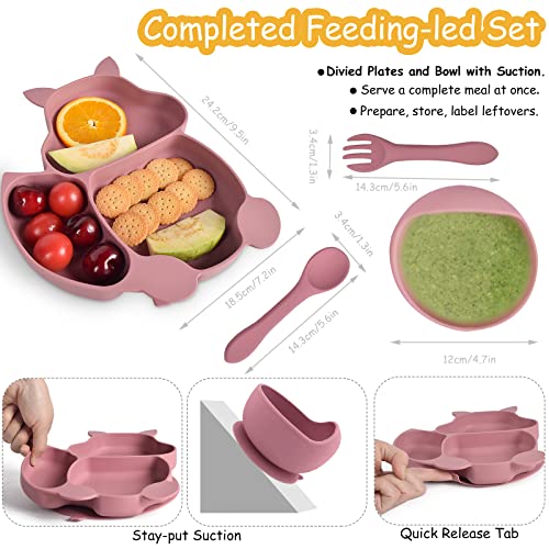 Baogaier Juego Vajilla Bebé Rosa, Set Silicona Plato Cuenco Ventosa Cuchara Tenedor Babero, 5 Piezas Antideslizante Sin BPA Antivuelco Cubiertos Aprendizaje para Infantil Niñas, Ardilla