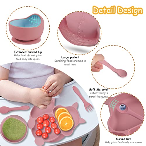 Baogaier Juego Vajilla Bebé Rosa, Set Silicona Plato Cuenco Ventosa Cuchara Tenedor Babero, 5 Piezas Antideslizante Sin BPA Antivuelco Cubiertos Aprendizaje para Infantil Niñas, Ardilla