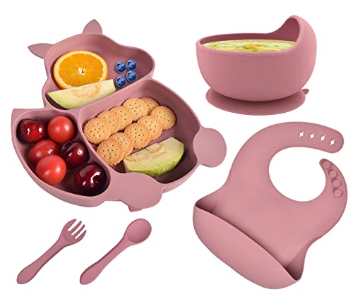 Baogaier Juego Vajilla Bebé Rosa, Set Silicona Plato Cuenco Ventosa Cuchara Tenedor Babero, 5 Piezas Antideslizante Sin BPA Antivuelco Cubiertos Aprendizaje para Infantil Niñas, Ardilla