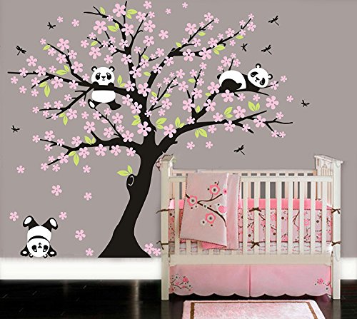 BDECOLL Adhesivo Decorativo para Pared Vinilos Arbol Decoraciones Del Arte con flores de rosa-2.2*1.8m Decoración habitación bebé/niños(Rosa+Negro)