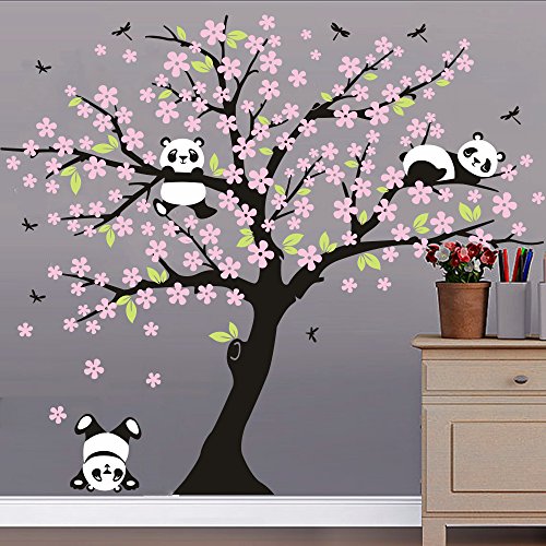 BDECOLL Adhesivo Decorativo para Pared Vinilos Arbol Decoraciones Del Arte con flores de rosa-2.2*1.8m Decoración habitación bebé/niños(Rosa+Negro)