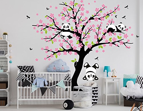 BDECOLL Adhesivo Decorativo para Pared Vinilos Arbol Decoraciones Del Arte con flores de rosa-2.2*1.8m Decoración habitación bebé/niños(Rosa+Negro)