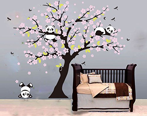 BDECOLL Adhesivo Decorativo para Pared Vinilos Arbol Decoraciones Del Arte con flores de rosa-2.2*1.8m Decoración habitación bebé/niños(Rosa+Negro)