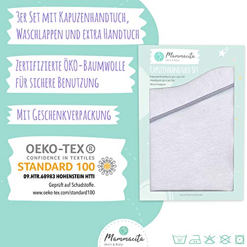 Bebé de Toalla de Capucha Mammacita Hecho de Oeko-Tex® 100 de algodón (Conjunto de 3) - Capucha de Toalla para bebés (90x90cm) + Toalla de baño de bebé (30x30 cm)