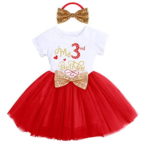 Bebé Niñas 1er/2do/3er Cumpleaños Traje Minnie Princesa Vestido de Manga Corta Mameluco/Camiseta+Tutú de Tul de Lunares+Diadema 3 Piezas de Fiesta de Cumpleaños Rojo-3rd 3 Años