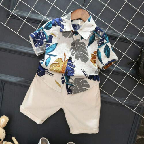 Bebé Niño Traje de 2 Piezas Conjunto Top Camisa de Manga Corta Pantalón Corto Camiseta con Estampado Infantil Ropa Verano de Playa para Vacaciones (Hojas-Blanco, 1-2 Años)