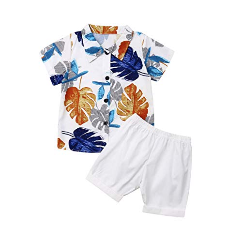 Bebé Niño Traje de 2 Piezas Conjunto Top Camisa de Manga Corta Pantalón Corto Camiseta con Estampado Infantil Ropa Verano de Playa para Vacaciones (Hojas-Blanco, 1-2 Años)