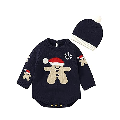 Bebé recién nacido niña suéter de Navidad mameluco de manga larga de punto muñeco de nieve mono con sombrero pompón invierno ropa cálida para 0-18 meses, azul real, 0-3 Meses