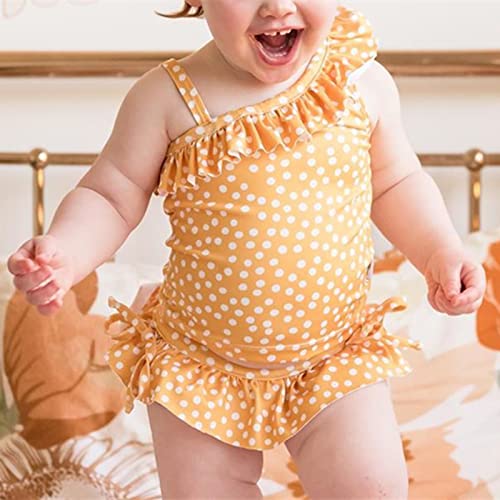 Bebé Traje de Baño de Una Pieza para Recién Nacida Bañador Lindo con Volantes de Estampado Lunares Swimwear Dulce sin Mangas para Playa Piscina en Verano (Amarillo, 2-3 años)