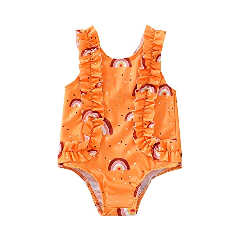 Bebé Traje de Baño para Recién Nacida Bañador Lindo de Estampado de Arcoíris con Volantes Ropa de Baño Dulce sin Mangas en Verano para Playa Piscina Natación (Naranja, 6-12 Meses)