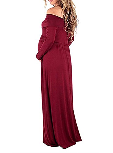 BEDAMAM Premamá Vestido de Manga Larga Maxi Falda Plisada con Encaje Flores para Mujer Casual Maternidad Vestido Fotografía Sexy Vestido de Embarazo Rojo S