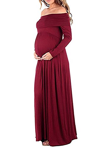 BEDAMAM Premamá Vestido de Manga Larga Maxi Falda Plisada con Encaje Flores para Mujer Casual Maternidad Vestido Fotografía Sexy Vestido de Embarazo Rojo S