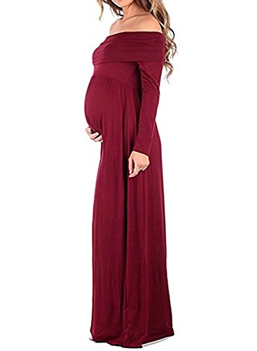 BEDAMAM Premamá Vestido de Manga Larga Maxi Falda Plisada con Encaje Flores para Mujer Casual Maternidad Vestido Fotografía Sexy Vestido de Embarazo Rojo S