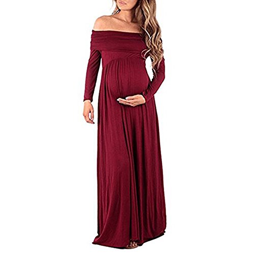 BEDAMAM Premamá Vestido de Manga Larga Maxi Falda Plisada con Encaje Flores para Mujer Casual Maternidad Vestido Fotografía Sexy Vestido de Embarazo Rojo S